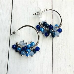 NEW NWT J. Jill Cobalt Blue Beaded Silver Hoop Earrings